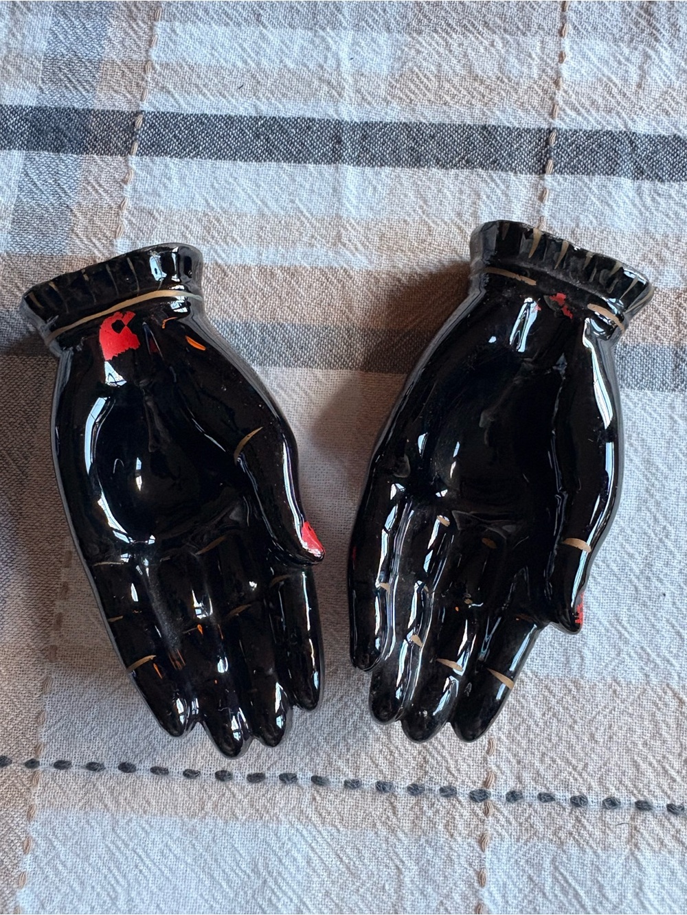 Rare Vintage Mid Century Black Ceramic Hand Ashtrays Vintage Red-ware Palmistry